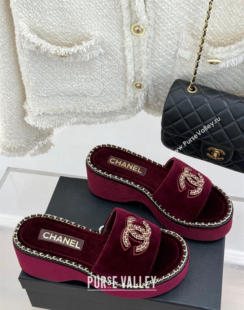 Chanel Velvet Wedge Slides Sandal with Chain CC Dark Burgundy 2025 CH030403 (MD-250304062)
