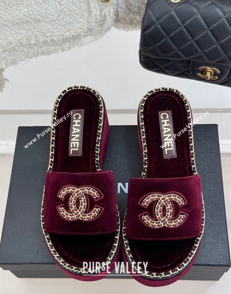Chanel Velvet Wedge Slides Sandal with Chain CC Dark Burgundy 2025 CH030403 (MD-250304062)