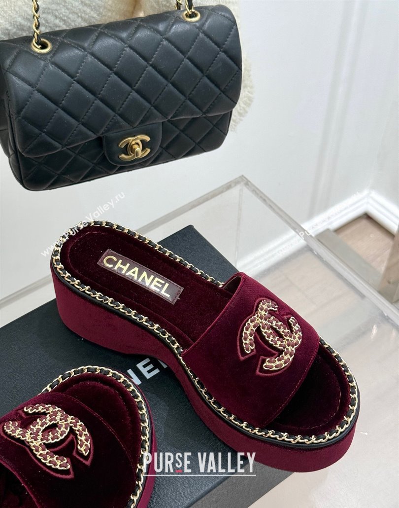 Chanel Velvet Wedge Slides Sandal with Chain CC Dark Burgundy 2025 CH030403 (MD-250304062)