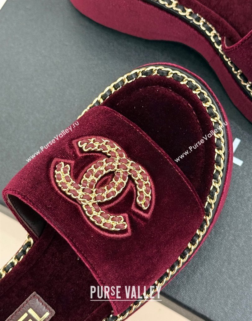 Chanel Velvet Wedge Slides Sandal with Chain CC Dark Burgundy 2025 CH030403 (MD-250304062)