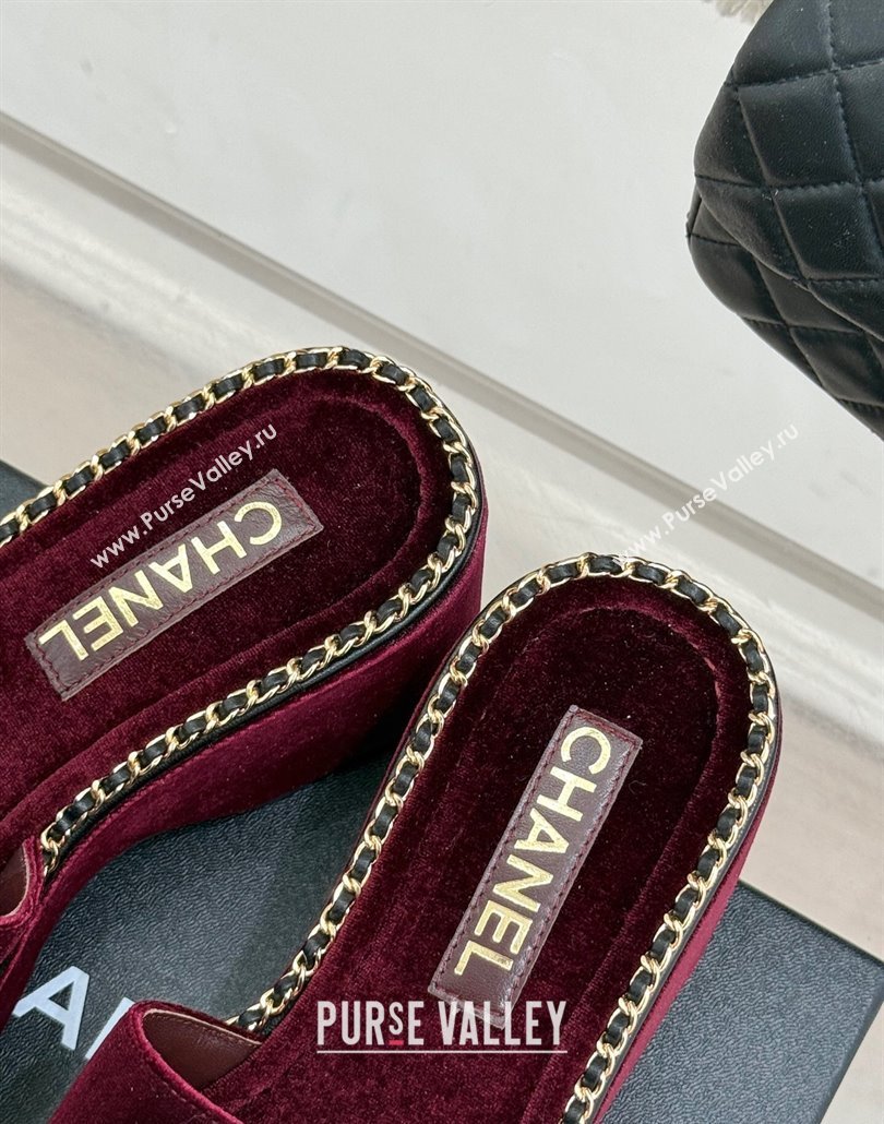 Chanel Velvet Wedge Slides Sandal with Chain CC Dark Burgundy 2025 CH030403 (MD-250304062)