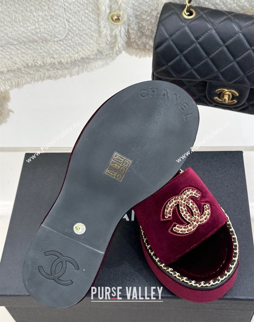 Chanel Velvet Wedge Slides Sandal with Chain CC Dark Burgundy 2025 CH030403 (MD-250304062)