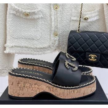 Chanel Calfskin Wedge Slides Sandal with Chain CC Black 2025 CH030403 (MD-250304063)