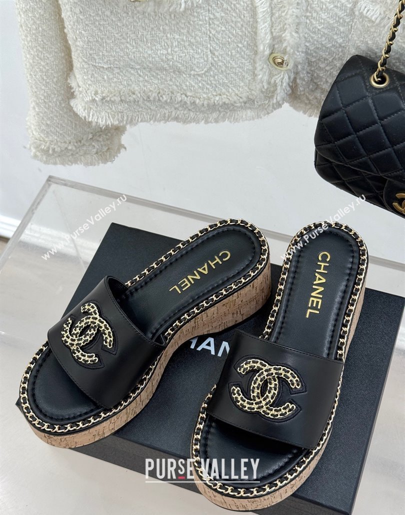 Chanel Calfskin Wedge Slides Sandal with Chain CC Black 2025 CH030403 (MD-250304063)