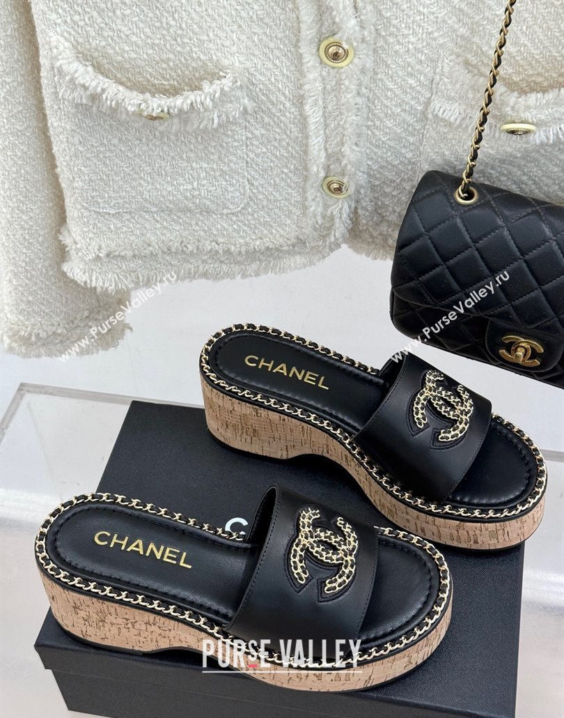 Chanel Calfskin Wedge Slides Sandal with Chain CC Black 2025 CH030403 (MD-250304063)