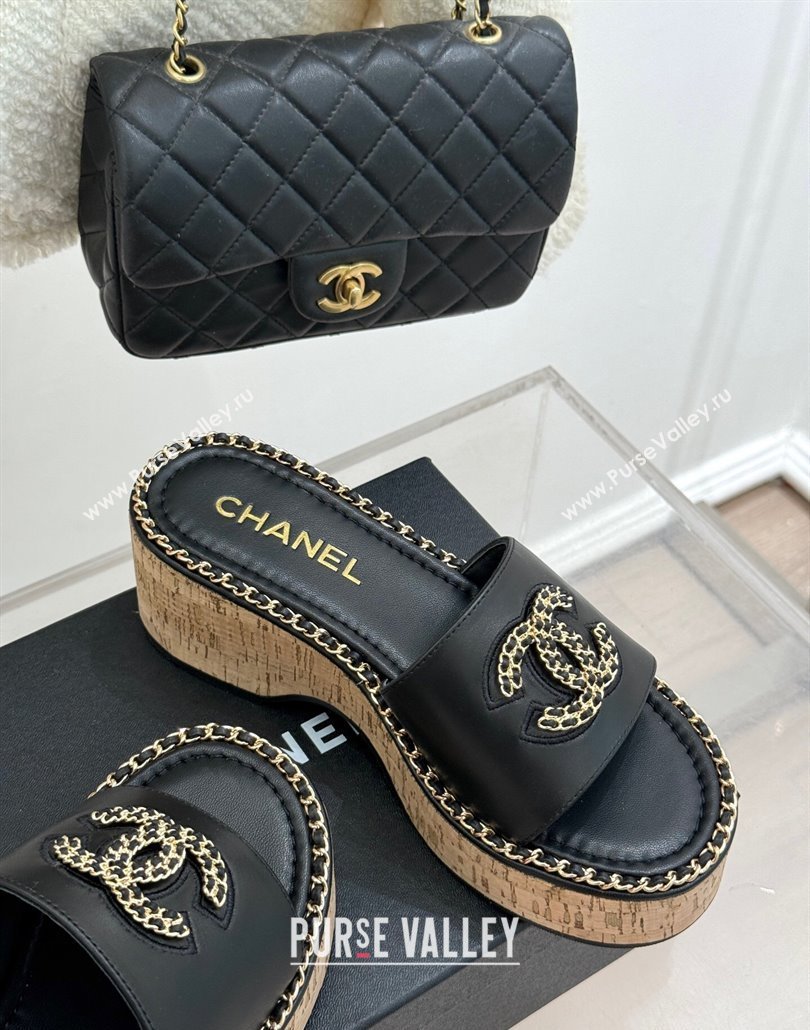 Chanel Calfskin Wedge Slides Sandal with Chain CC Black 2025 CH030403 (MD-250304063)