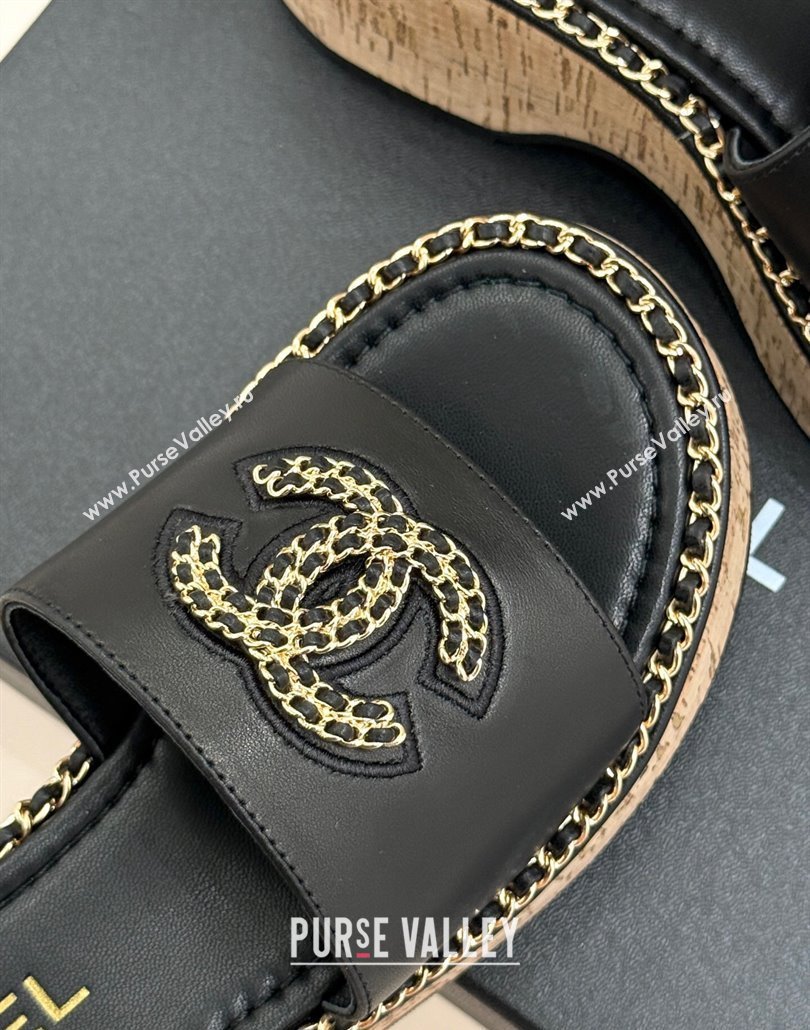 Chanel Calfskin Wedge Slides Sandal with Chain CC Black 2025 CH030403 (MD-250304063)