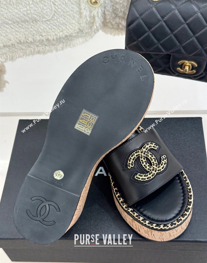 Chanel Calfskin Wedge Slides Sandal with Chain CC Black 2025 CH030403 (MD-250304063)