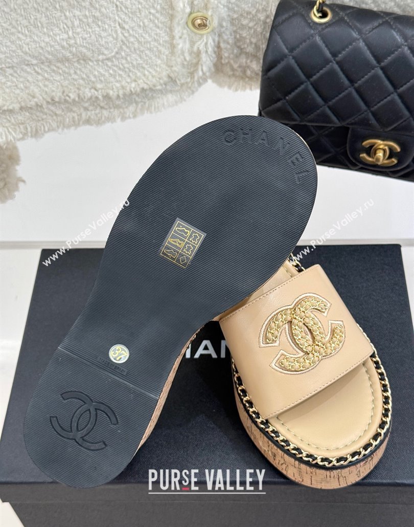 Chanel Calfskin Wedge Slides Sandal with Chain CC Beige 2025 CH030403 (MD-250304064)