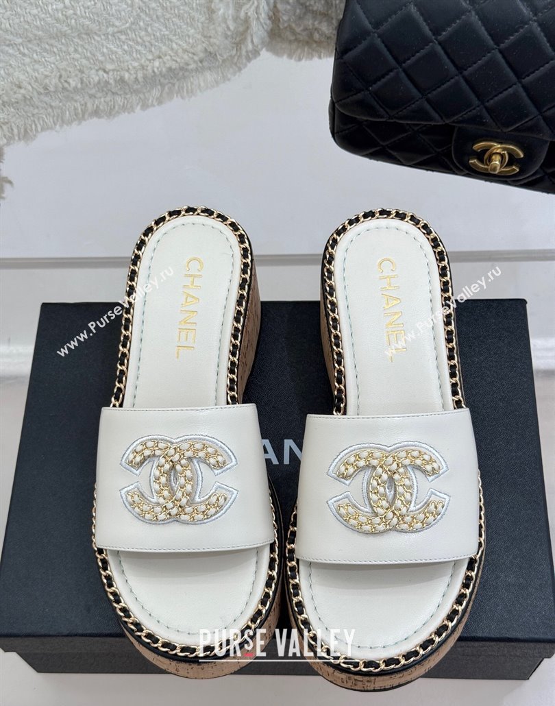 Chanel Calfskin Wedge Slides Sandal with Chain CC White 2025 CH030403 (MD-250304065)