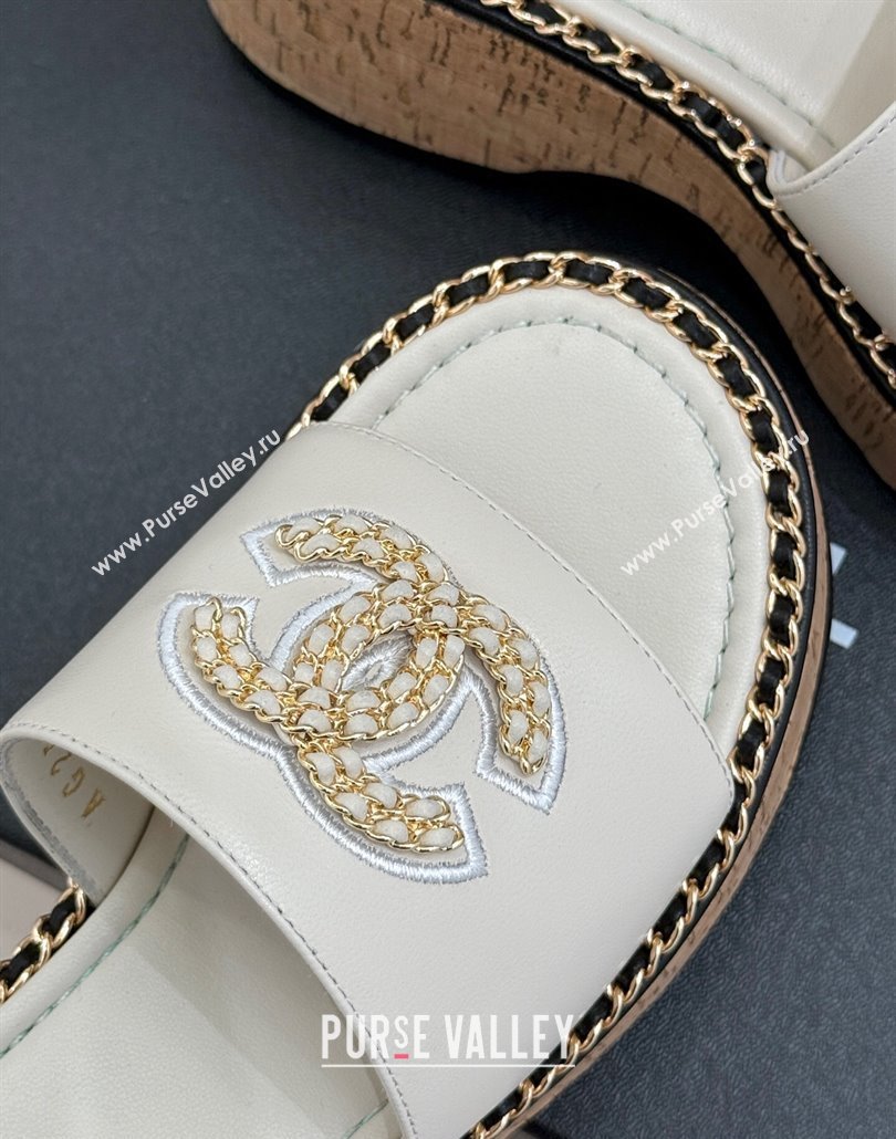Chanel Calfskin Wedge Slides Sandal with Chain CC White 2025 CH030403 (MD-250304065)