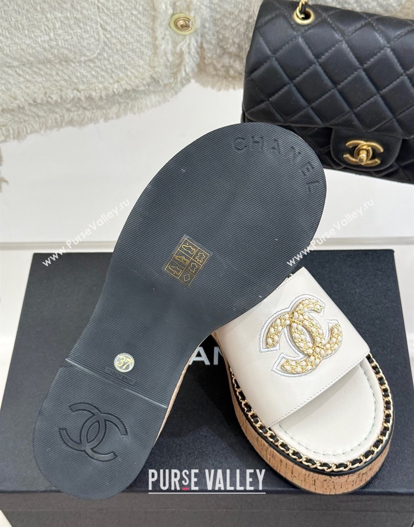 Chanel Calfskin Wedge Slides Sandal with Chain CC White 2025 CH030403 (MD-250304065)
