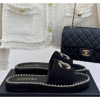 Chanel Knit Flat Slides Sandal with Chain CC Black 2025 CH030403 (MD-250304066)