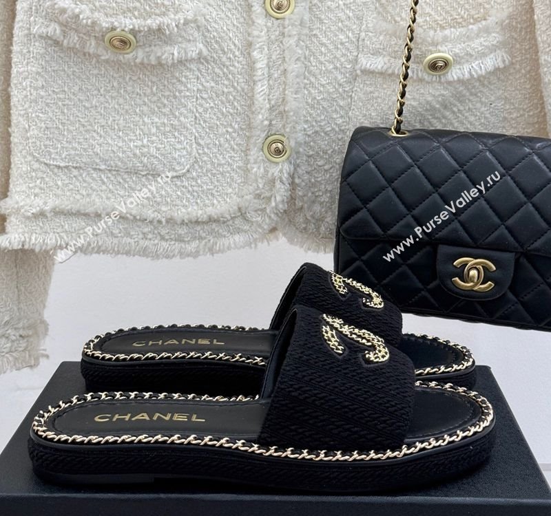 Chanel Knit Flat Slides Sandal with Chain CC Black 2025 CH030403 (MD-250304066)