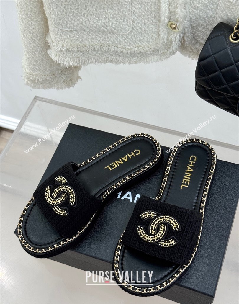 Chanel Knit Flat Slides Sandal with Chain CC Black 2025 CH030403 (MD-250304066)