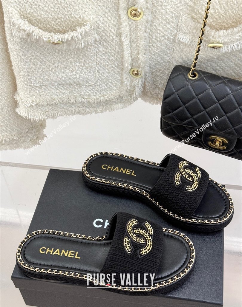 Chanel Knit Flat Slides Sandal with Chain CC Black 2025 CH030403 (MD-250304066)