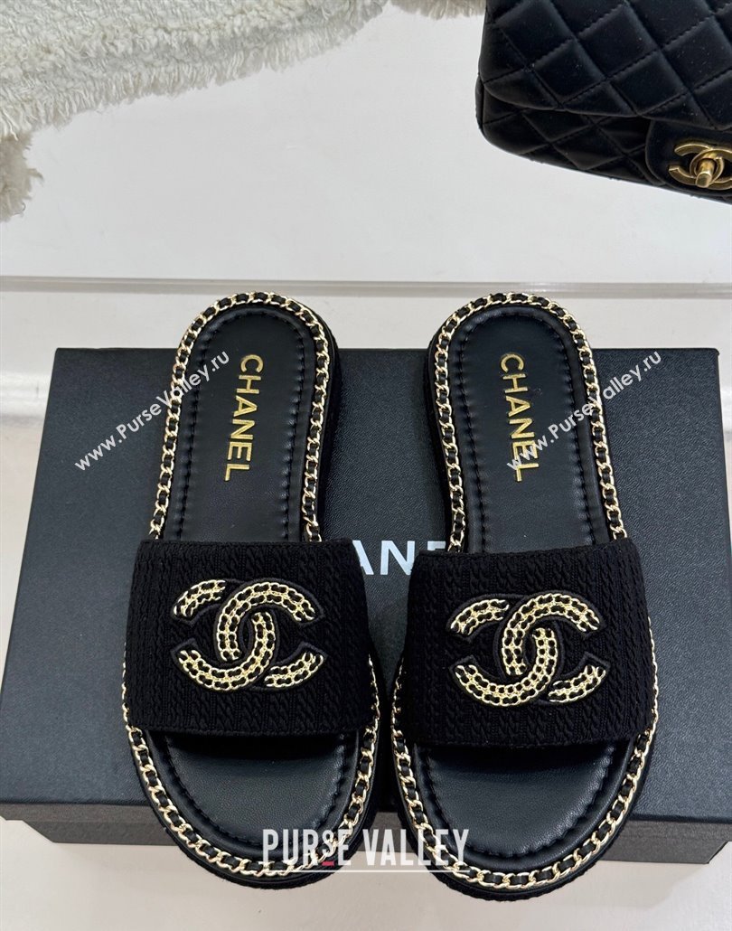 Chanel Knit Flat Slides Sandal with Chain CC Black 2025 CH030403 (MD-250304066)