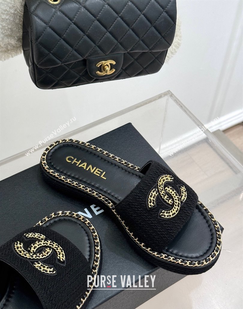 Chanel Knit Flat Slides Sandal with Chain CC Black 2025 CH030403 (MD-250304066)