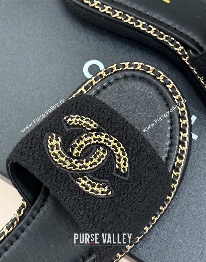 Chanel Knit Flat Slides Sandal with Chain CC Black 2025 CH030403 (MD-250304066)
