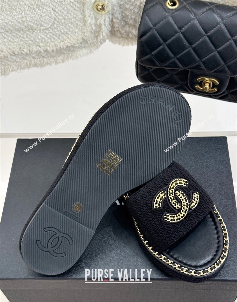 Chanel Knit Flat Slides Sandal with Chain CC Black 2025 CH030403 (MD-250304066)