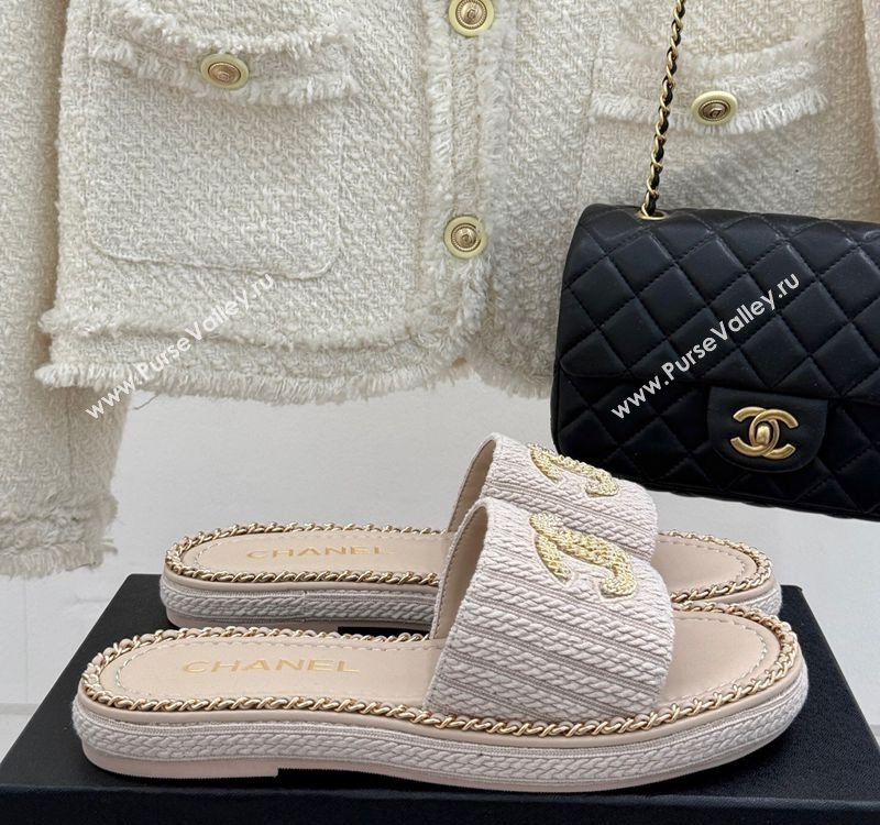 Chanel Knit Flat Slides Sandal with Chain CC Grey 2025 CH030403 (MD-250304067)