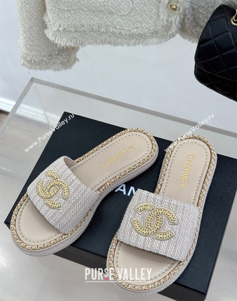 Chanel Knit Flat Slides Sandal with Chain CC Grey 2025 CH030403 (MD-250304067)