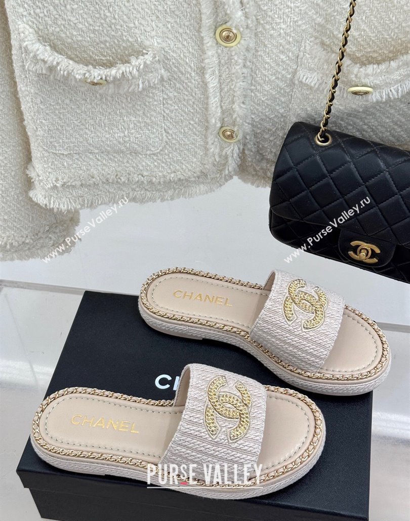 Chanel Knit Flat Slides Sandal with Chain CC Grey 2025 CH030403 (MD-250304067)