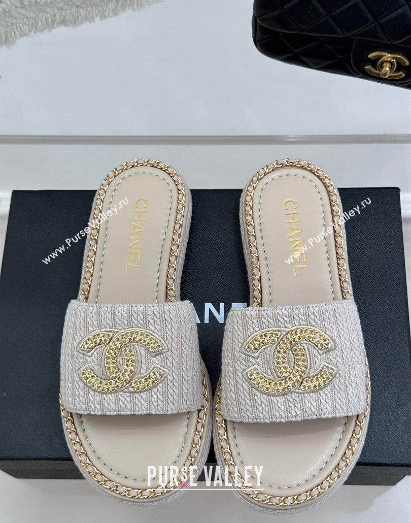 Chanel Knit Flat Slides Sandal with Chain CC Grey 2025 CH030403 (MD-250304067)