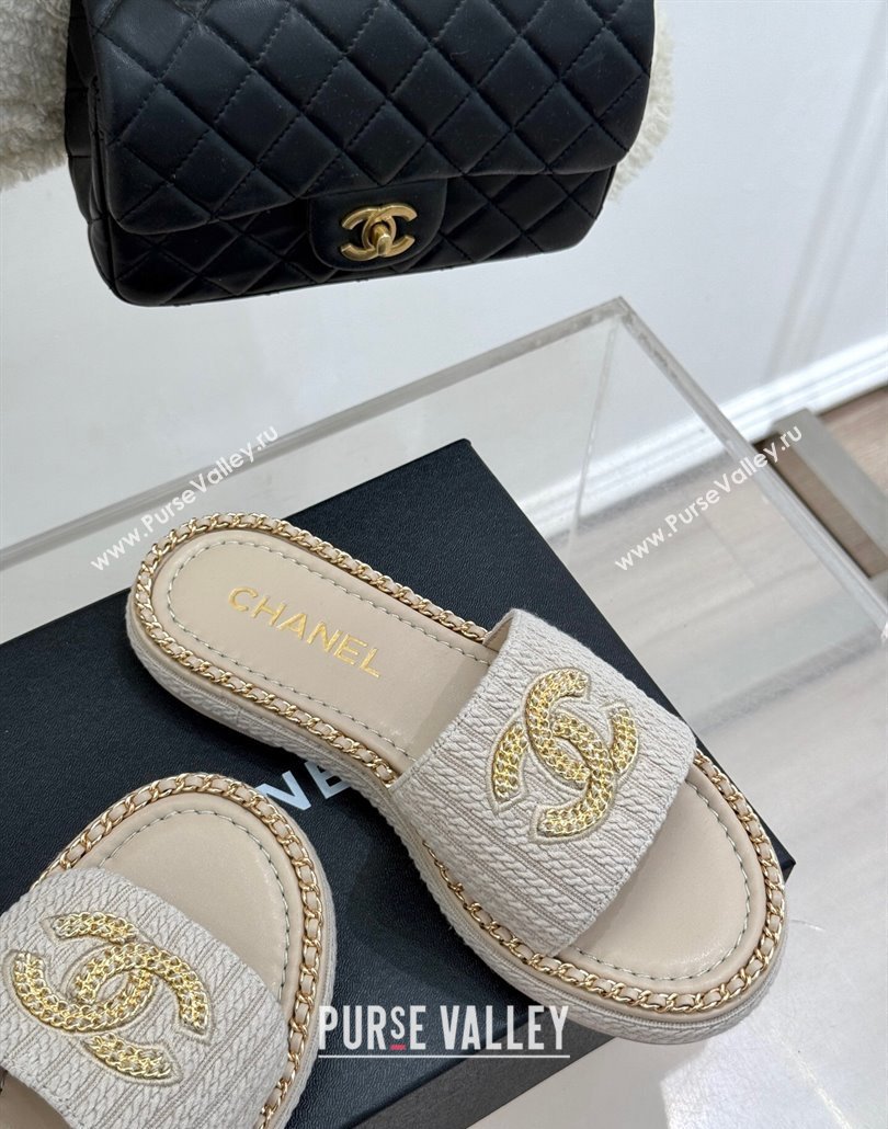 Chanel Knit Flat Slides Sandal with Chain CC Grey 2025 CH030403 (MD-250304067)