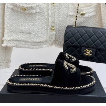 Chanel Velvet Flat Slides Sandal with Chain CC Black 2025 CH030403 (MD-250304068)