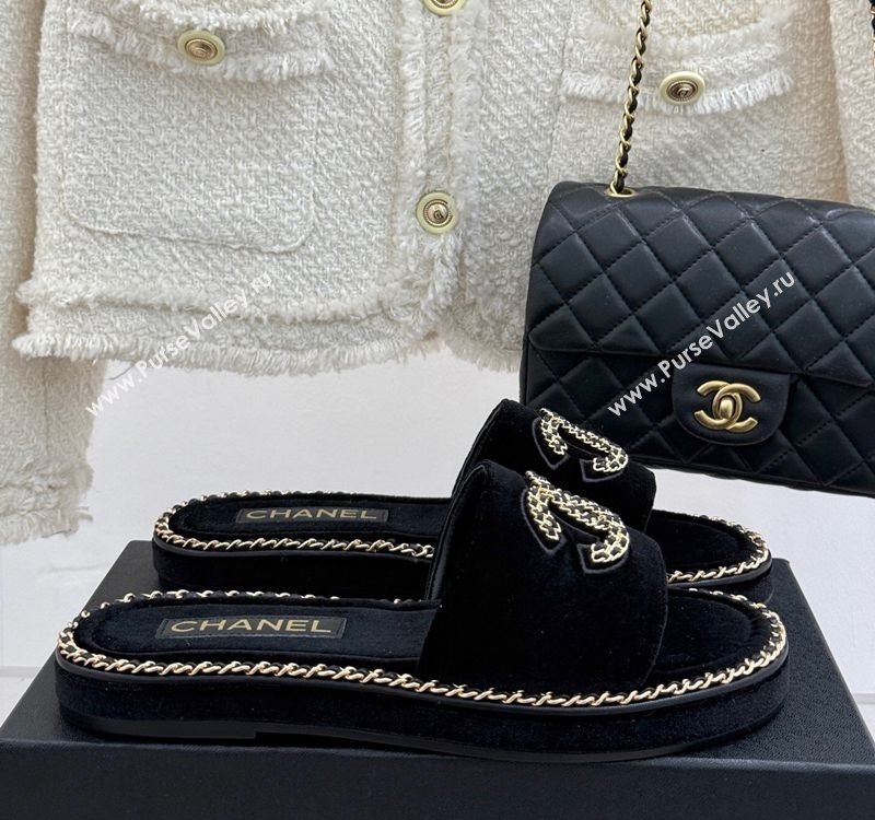 Chanel Velvet Flat Slides Sandal with Chain CC Black 2025 CH030403 (MD-250304068)