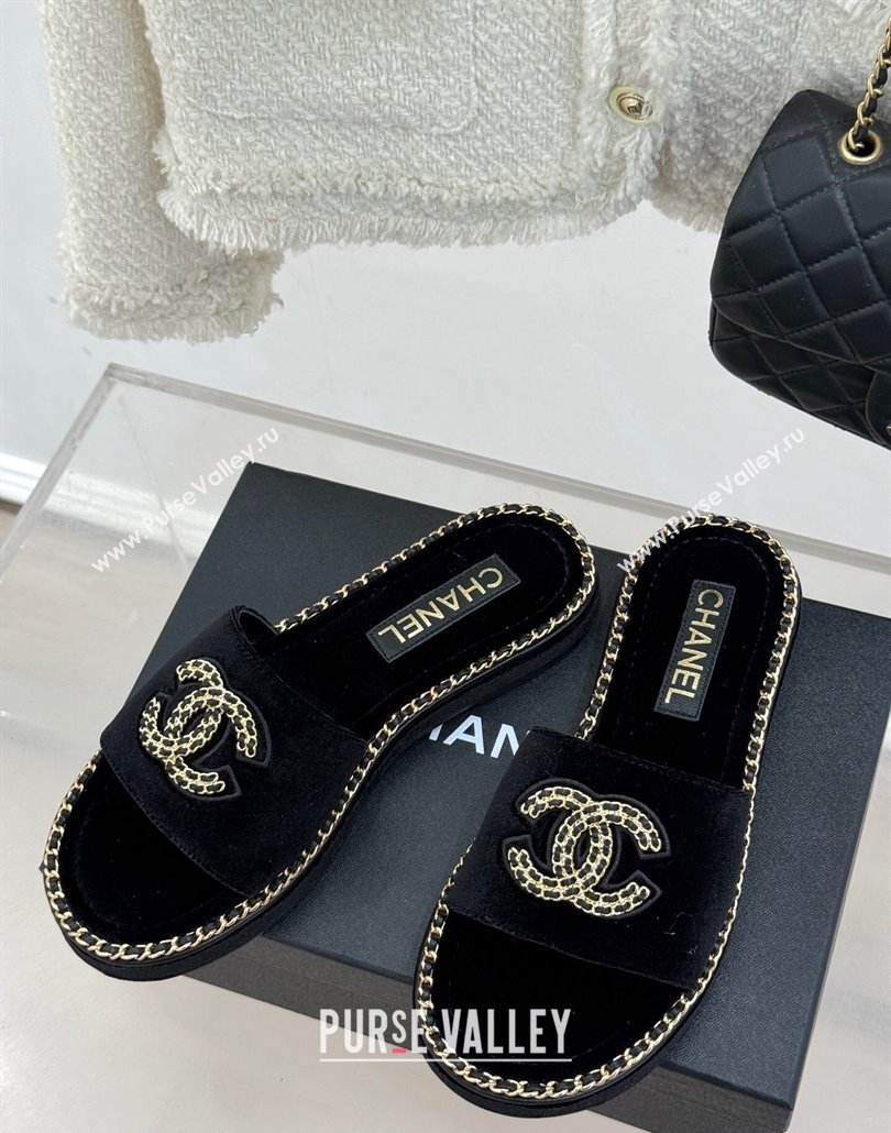 Chanel Velvet Flat Slides Sandal with Chain CC Black 2025 CH030403 (MD-250304068)