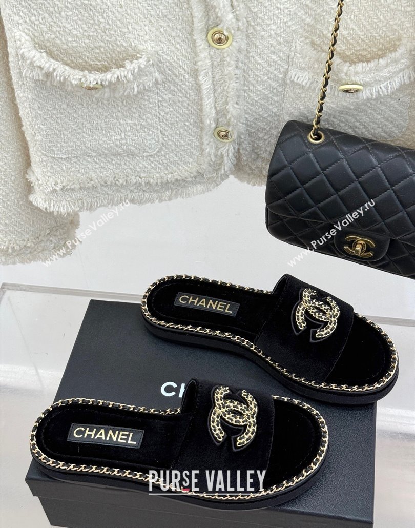 Chanel Velvet Flat Slides Sandal with Chain CC Black 2025 CH030403 (MD-250304068)