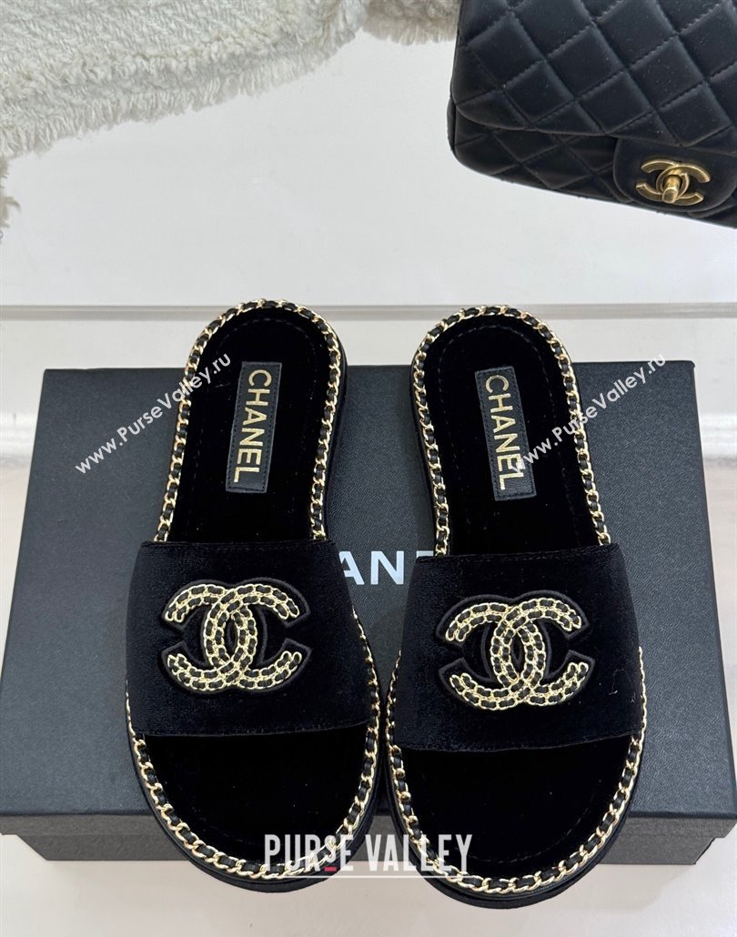 Chanel Velvet Flat Slides Sandal with Chain CC Black 2025 CH030403 (MD-250304068)