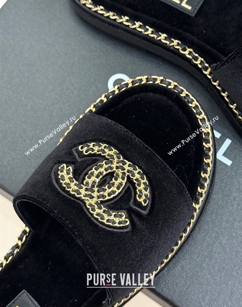 Chanel Velvet Flat Slides Sandal with Chain CC Black 2025 CH030403 (MD-250304068)