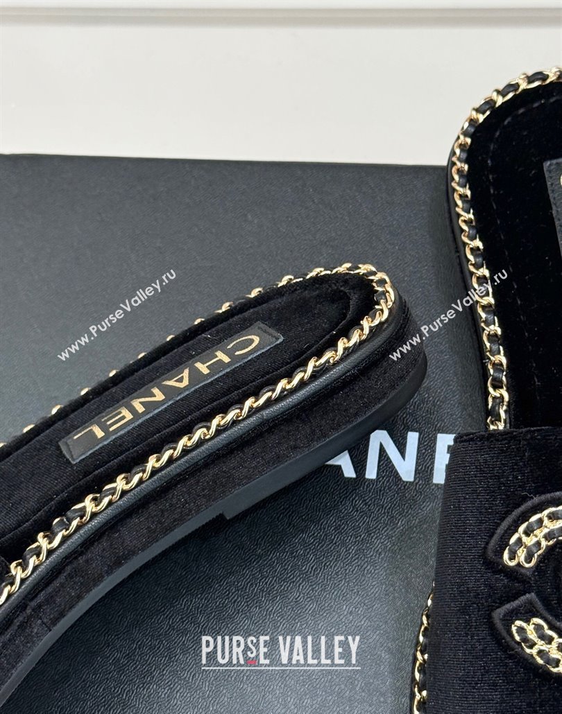 Chanel Velvet Flat Slides Sandal with Chain CC Black 2025 CH030403 (MD-250304068)