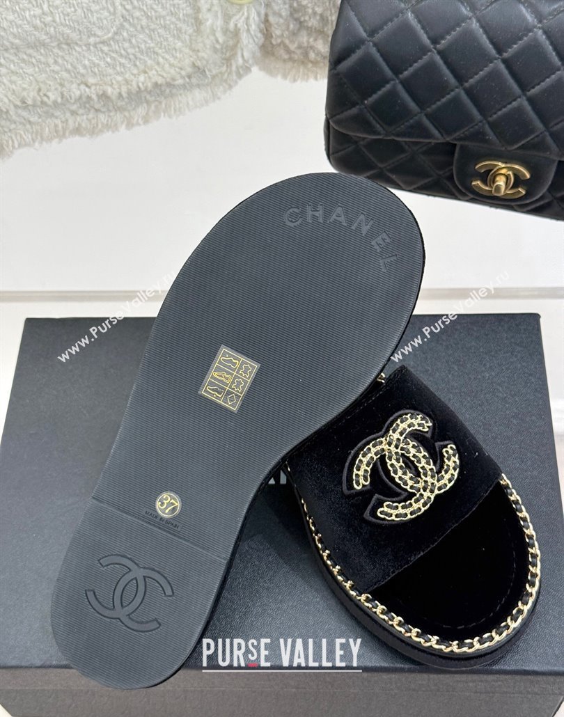 Chanel Velvet Flat Slides Sandal with Chain CC Black 2025 CH030403 (MD-250304068)