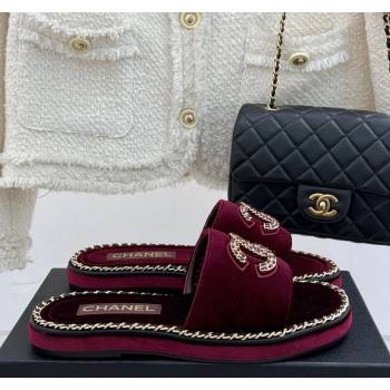 Chanel Velvet Flat Slides Sandal with Chain CC Dark Burgundy 2025 CH030403 (MD-250304069)