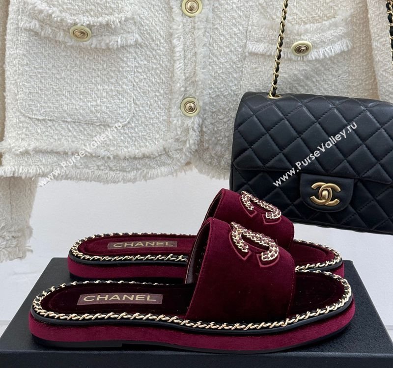 Chanel Velvet Flat Slides Sandal with Chain CC Dark Burgundy 2025 CH030403 (MD-250304069)