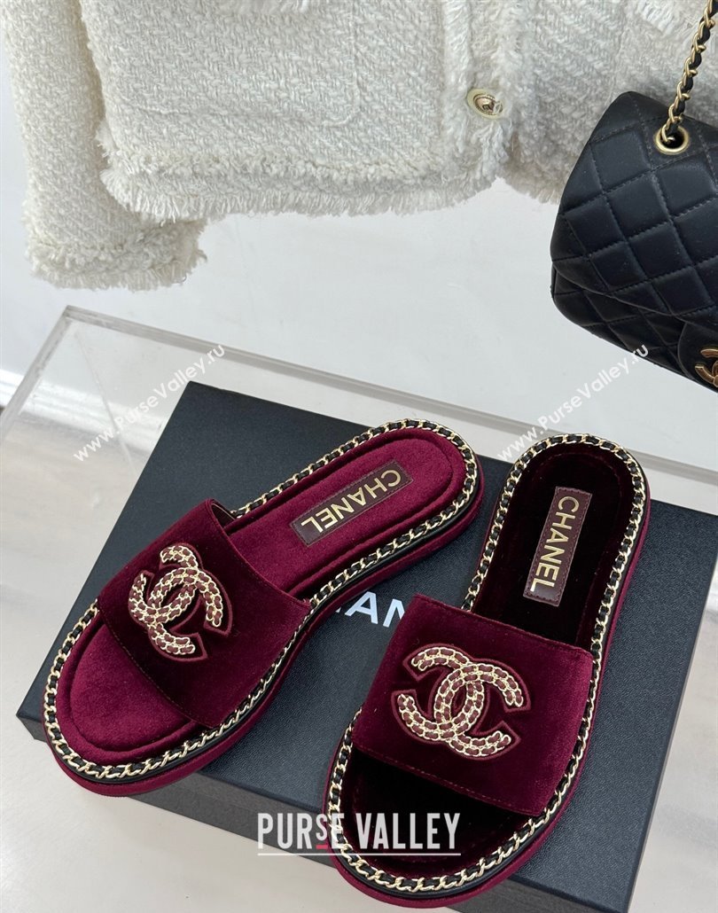 Chanel Velvet Flat Slides Sandal with Chain CC Dark Burgundy 2025 CH030403 (MD-250304069)