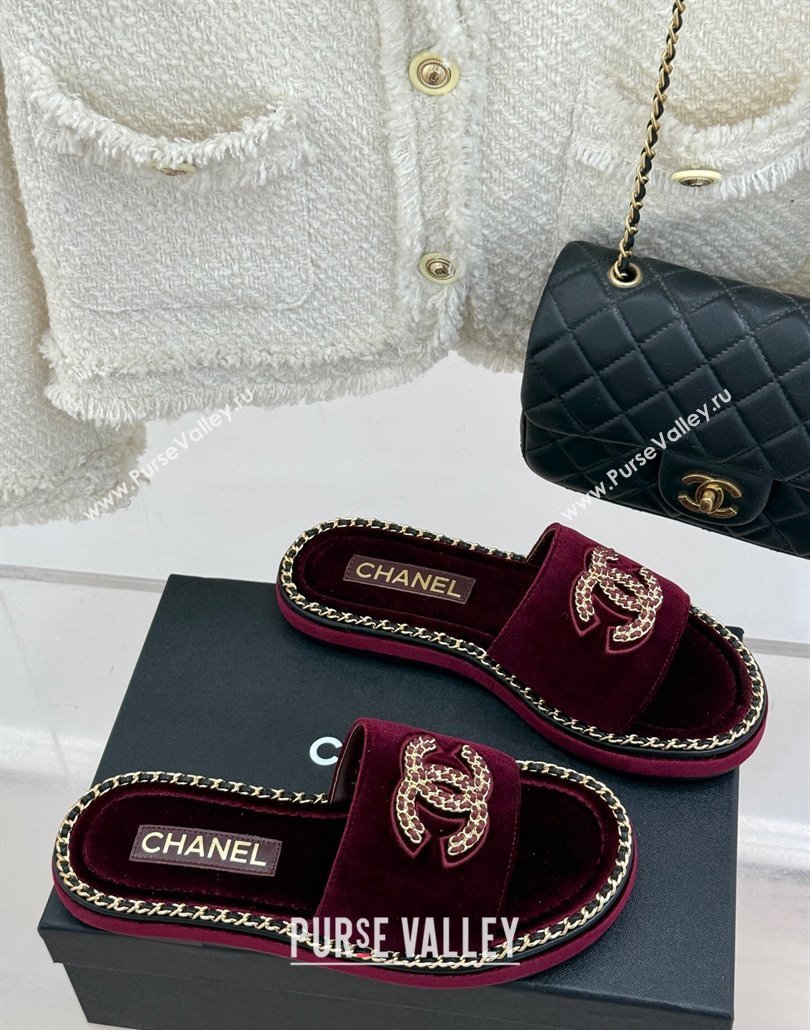 Chanel Velvet Flat Slides Sandal with Chain CC Dark Burgundy 2025 CH030403 (MD-250304069)