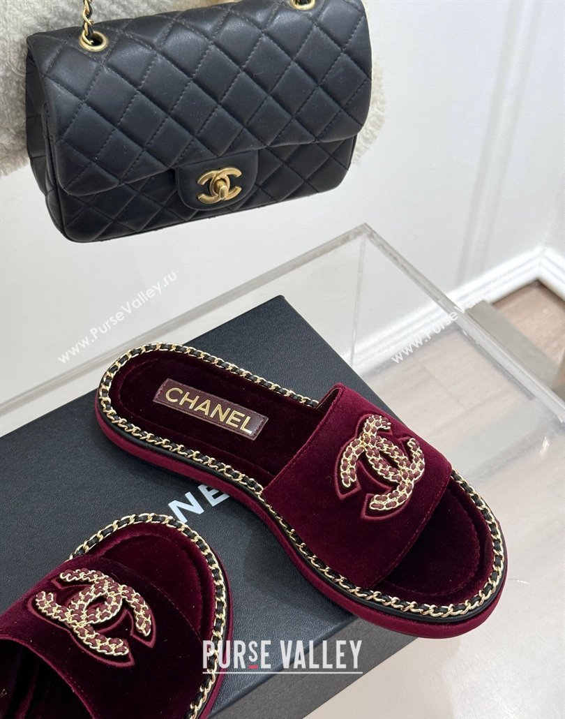 Chanel Velvet Flat Slides Sandal with Chain CC Dark Burgundy 2025 CH030403 (MD-250304069)