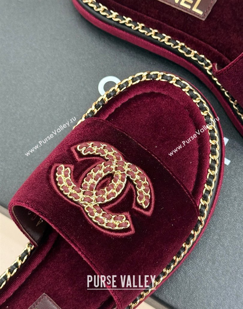 Chanel Velvet Flat Slides Sandal with Chain CC Dark Burgundy 2025 CH030403 (MD-250304069)