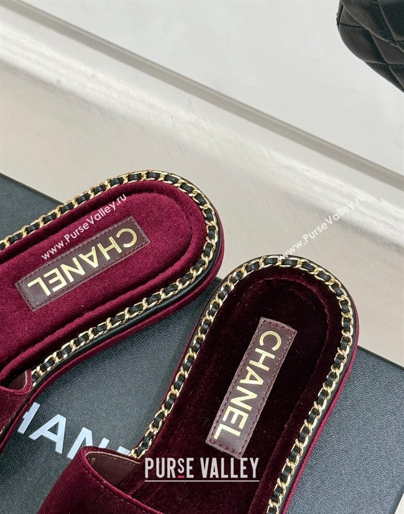 Chanel Velvet Flat Slides Sandal with Chain CC Dark Burgundy 2025 CH030403 (MD-250304069)