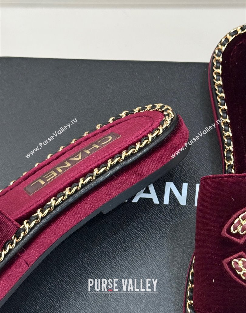 Chanel Velvet Flat Slides Sandal with Chain CC Dark Burgundy 2025 CH030403 (MD-250304069)