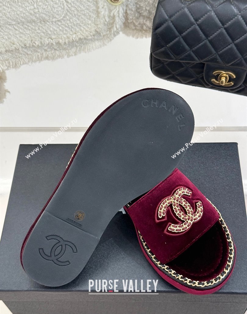 Chanel Velvet Flat Slides Sandal with Chain CC Dark Burgundy 2025 CH030403 (MD-250304069)