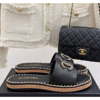 Chanel Calfskin Flat Slides Sandal with Chain CC Black 2025 CH030403 (MD-250304070)