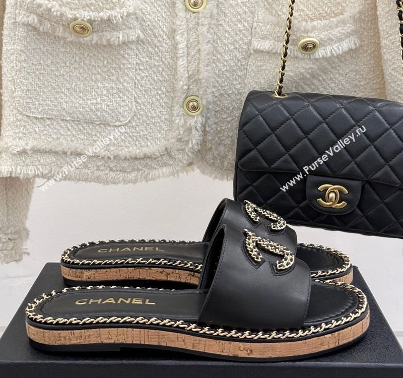 Chanel Calfskin Flat Slides Sandal with Chain CC Black 2025 CH030403 (MD-250304070)