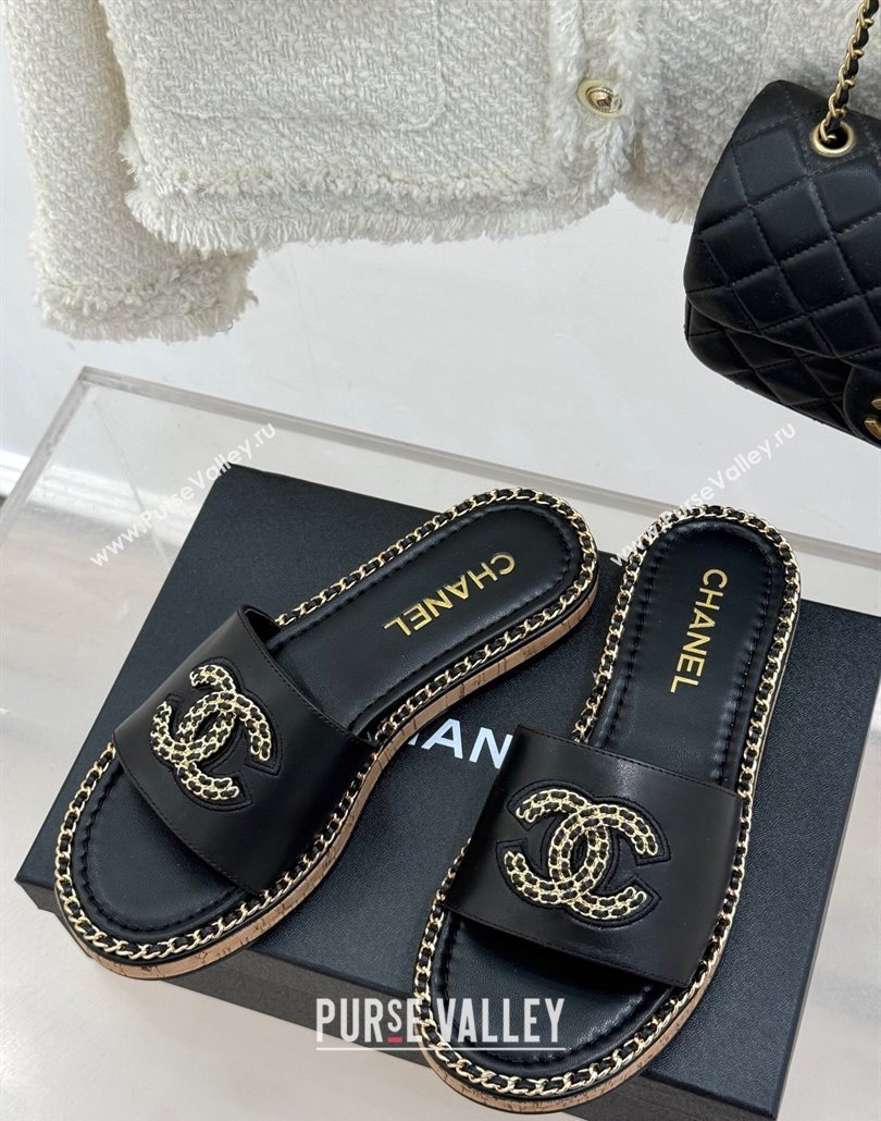 Chanel Calfskin Flat Slides Sandal with Chain CC Black 2025 CH030403 (MD-250304070)