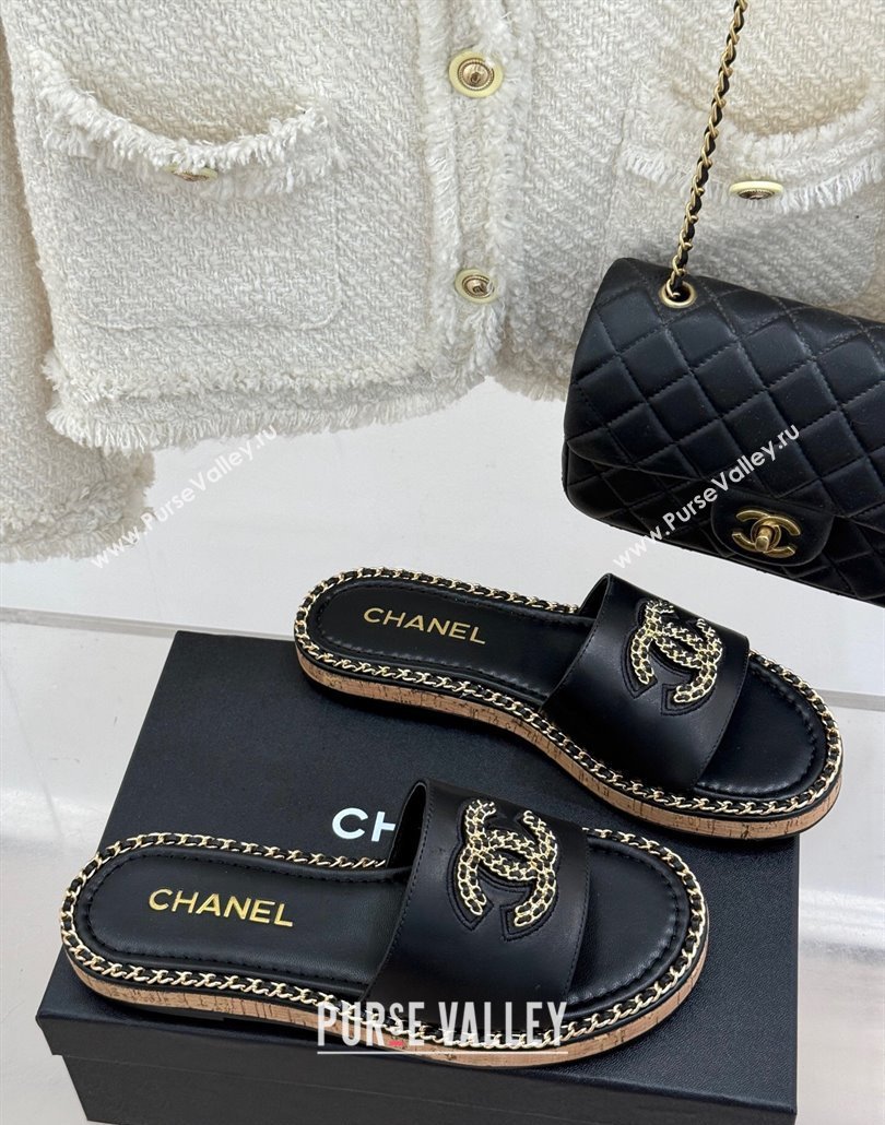 Chanel Calfskin Flat Slides Sandal with Chain CC Black 2025 CH030403 (MD-250304070)